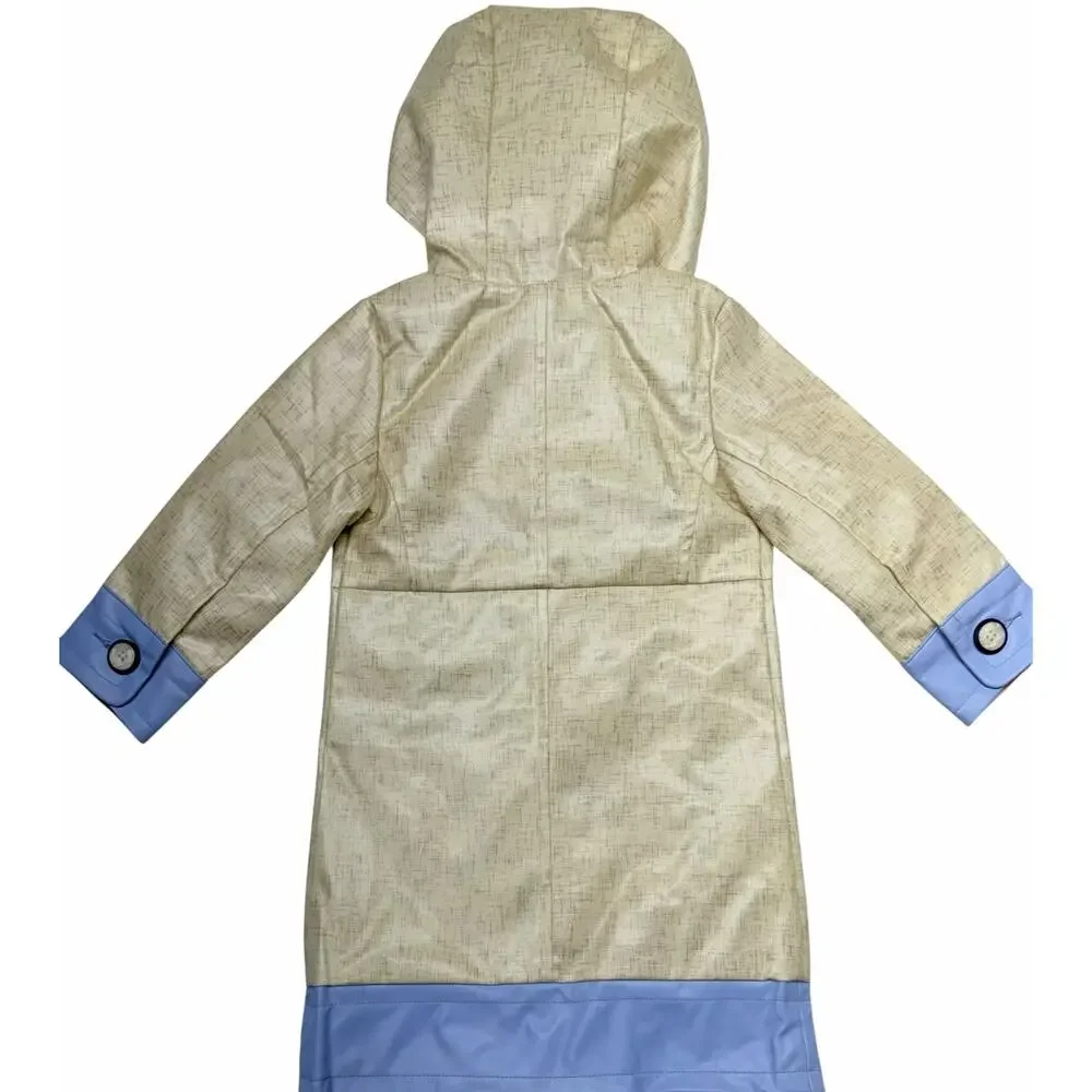 O2W Girls Raincoat Size 2/3 Beige Blue Hooded Floral Lined Trench Jacket